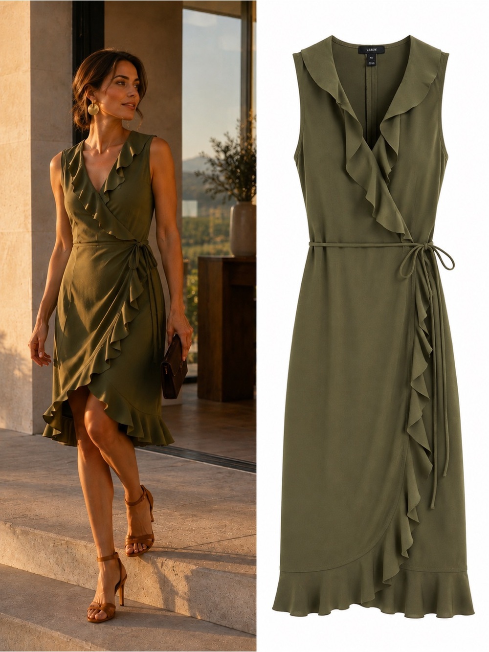 J.Crew Frost Olive Ruffle Wrap Dress Size Petite Small Sleeveless Knee Length